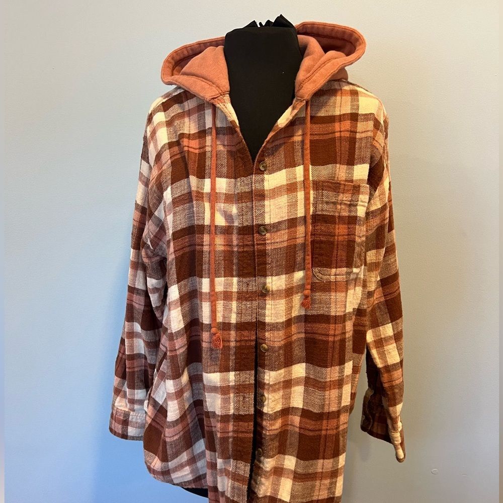 American Eagle Plaid Hooded Jacket brown-orange - Picture 1 of 6